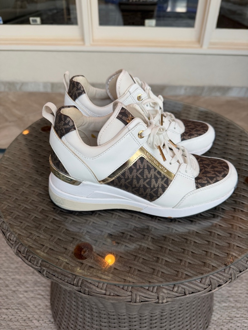 Michael Kors White Sneakers with Brown Logo Panels and Gold Accents - Picture 2 of 7